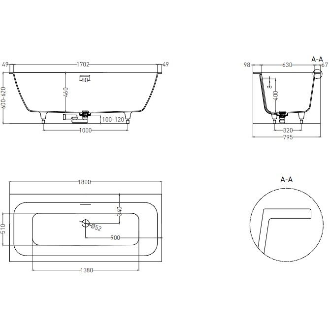 Ванна встраиваемая Salini S-Stone Orlanda Axis Kit 103322M 180x80x60 (белый матовый), донный клапан, сифон, слив-перелив