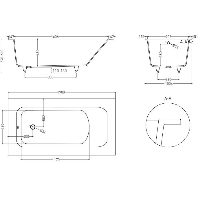 Ванна встраиваемая Salini S-Sense Orlanda Plus 102014GF 190x100.4x60 (покраска RAL полностью, глянцевый), без донного клапана