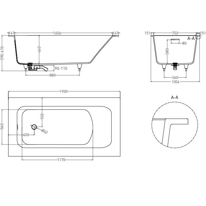 Ванна встраиваемая Salini S-Sense Orlanda Plus Kit 102114M 190x100.4x60 (белый матовый), донный клапан, сифон, слив-перелив