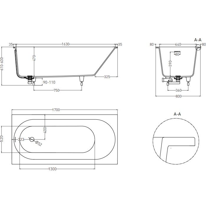 Ванна встраиваемая Salini S-Sense Ornella Kit 102414G 170x80x60 (белый глянцевый),  донный клапан, сифон, слив-перелив