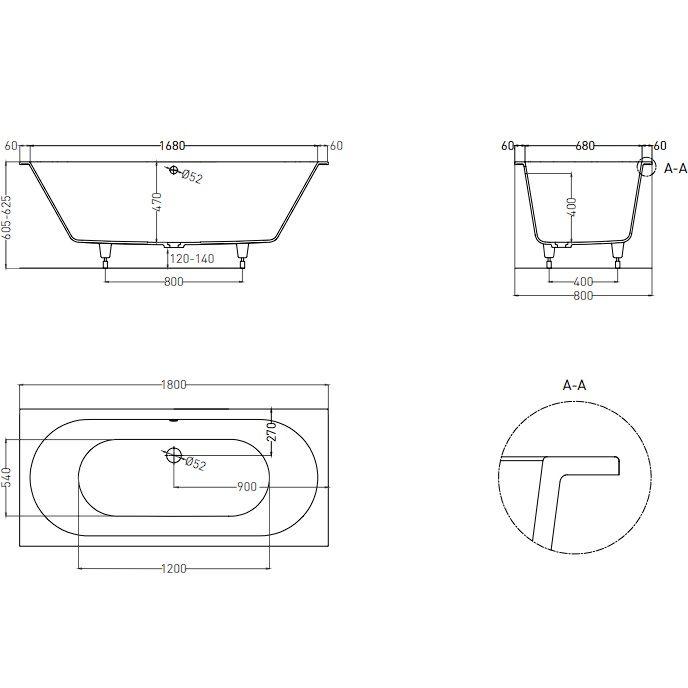 Ванна встраиваемая Salini S-Sense Ornella Axis 103411GF 180x80x60 (покраска RAL полностью, глянцевый), без донного клапана