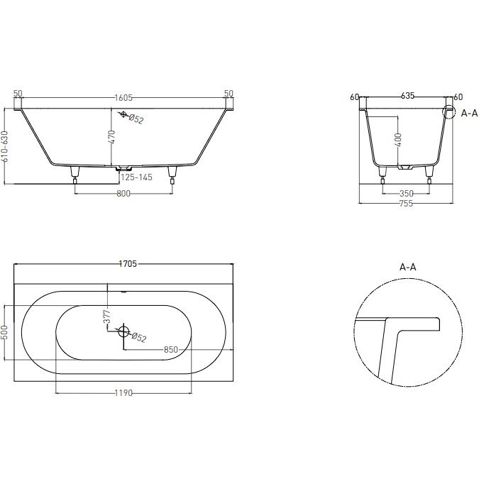 Ванна встраиваемая Salini S-Sense Ornella Axis 103413G 170.5x75.5x60 (белый глянцевый), без донного клапана