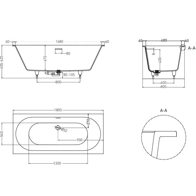 Ванна встраиваемая Salini S-Sense Ornella Axis Kit 103511GF 180x80x60 (покраска RAL полностью, глянцевый), донный клапан, сифон, слив-перелив
