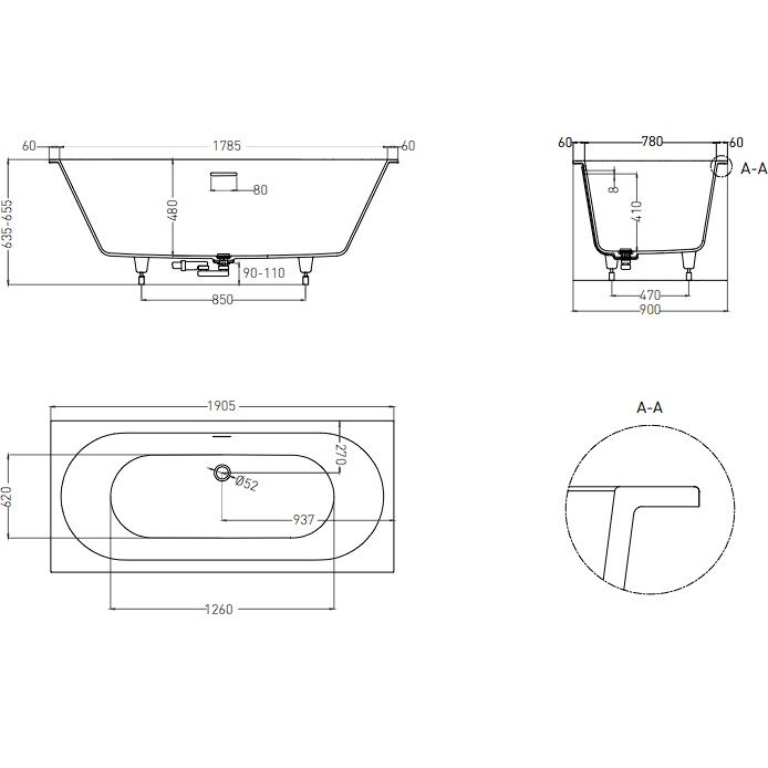 Ванна встраиваемая Salini S-Sense Ornella Axis Kit 103512GF 190.5x90.5x63.5 (покраска RAL полностью, глянцевый), донный клапан, сифон, слив-перелив