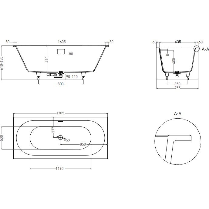 Ванна встраиваемая Salini S-Sense Ornella Axis Kit 103513MF 170.5x75.5x60 (покраска RAL полностью, только светлые оттенки, матовый), донный клапан, сифон, слив-перелив