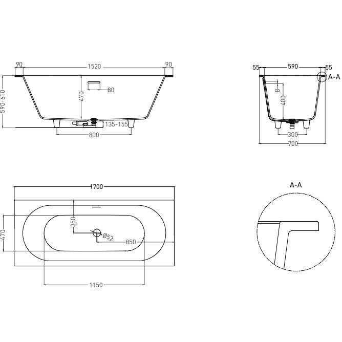 Ванна встраиваемая Salini S-Sense Ornella Axis Kit 104713GF 170x70x60 (покраска RAL полностью, глянцевый), донный клапан, сифон, слив-перелив