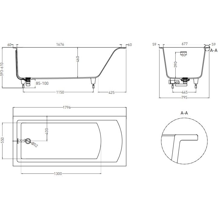 Ванна встраиваемая Salini S-Stone Cascata Kit 104523MF 179.6x79.5x60 (покраска RAL полностью, матовый), донный клапан, сифон, слив-перелив