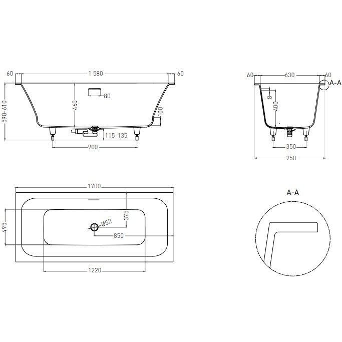 Ванна встраиваемая Salini S-Stone Orlanda Axis Kit 103323MF 170x75x60 (покраска RAL полностью, матовый), донный клапан, сифон, слив-перелив