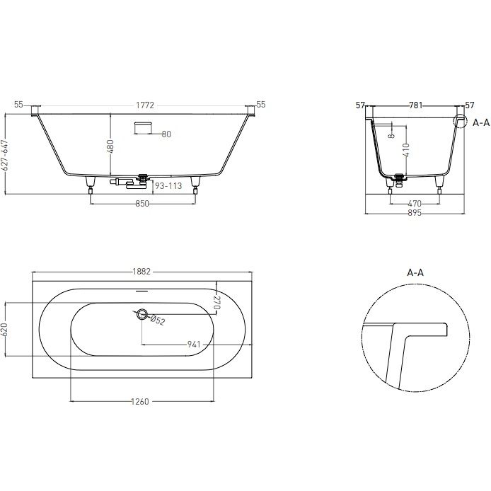 Ванна встраиваемая Salini S-Stone Ornella Axis Kit 103522MF 190x90x63.5 (покраска RAL полностью, матовый), донный клапан, сифон, слив-перелив