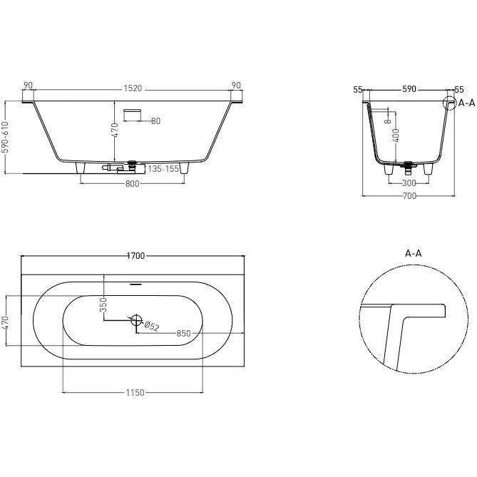 Ванна встраиваемая Salini S-Stone Ornella Axis Kit 104723MF 170x70x60 (покраска RAL полностью, матовый), донный клапан, сифон, слив-перелив