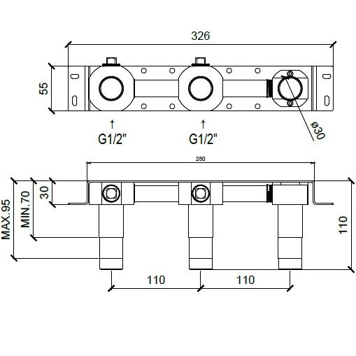 Встраиваемая часть настенного смесителя для раковины на 3 отверстия Almar Mixers E134010 (черный матовый), излив справа/слева