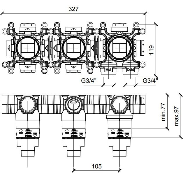 Встраиваемая часть термостатического смесителя на 2 потребителя Almar Modula E176908 (черный матовый)