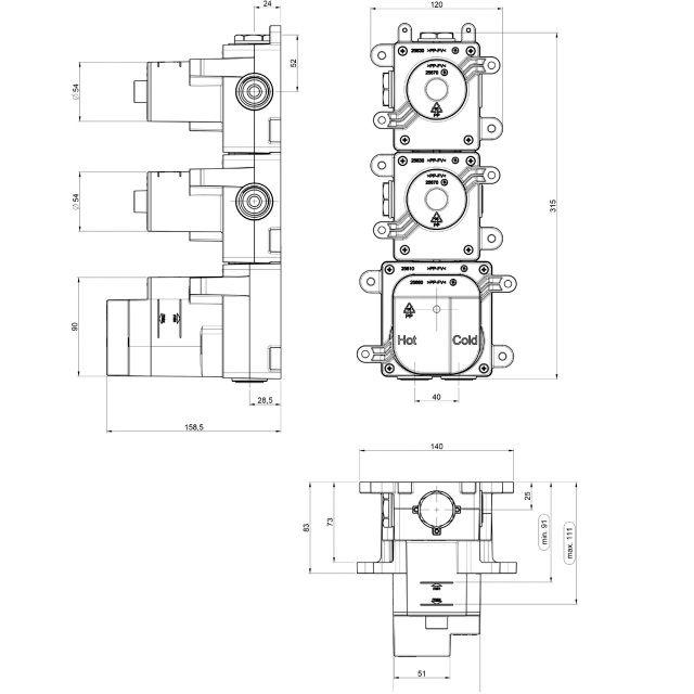 Встраиваемая часть термостатического смесителя на 2 выхода Almar High Flow E176002 (черный матовый)