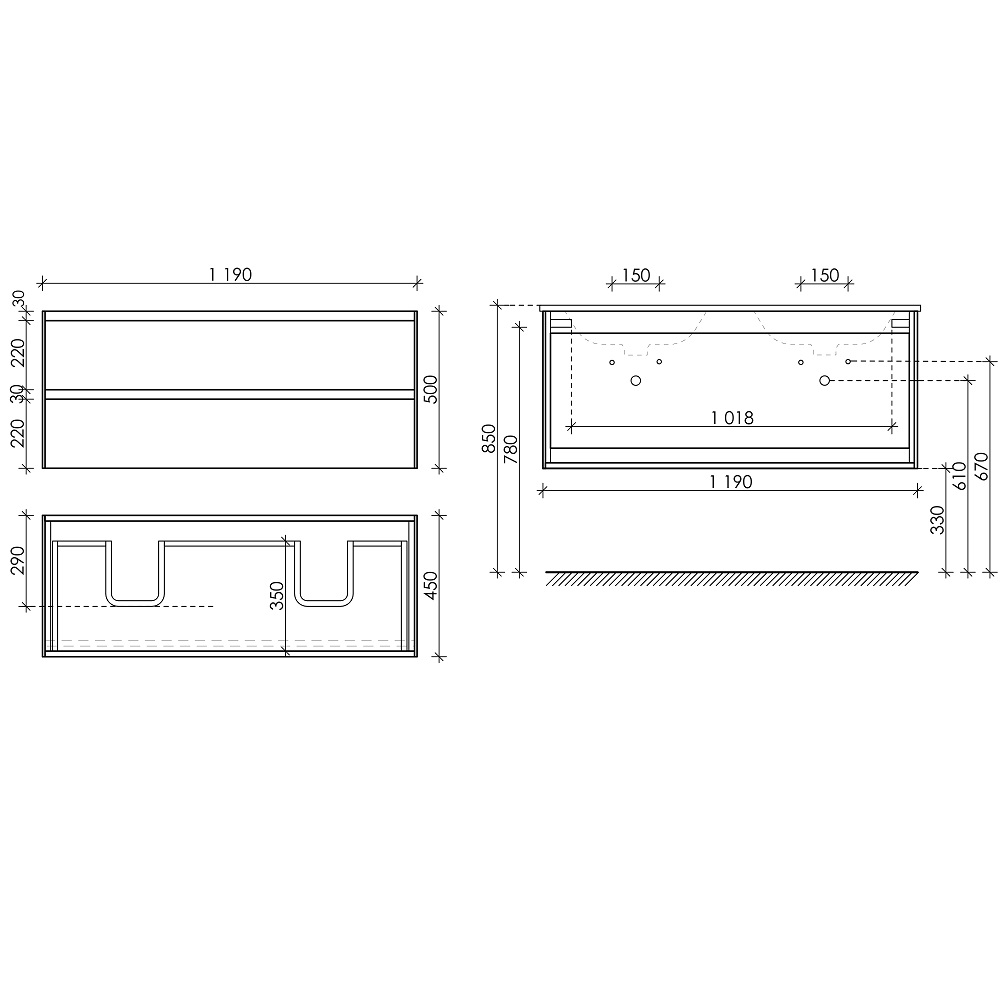 Тумба подвесная Sancos Cento / Сто CN120-2W 119х45х50 (белый), глянец, для раковины с 2 чашами