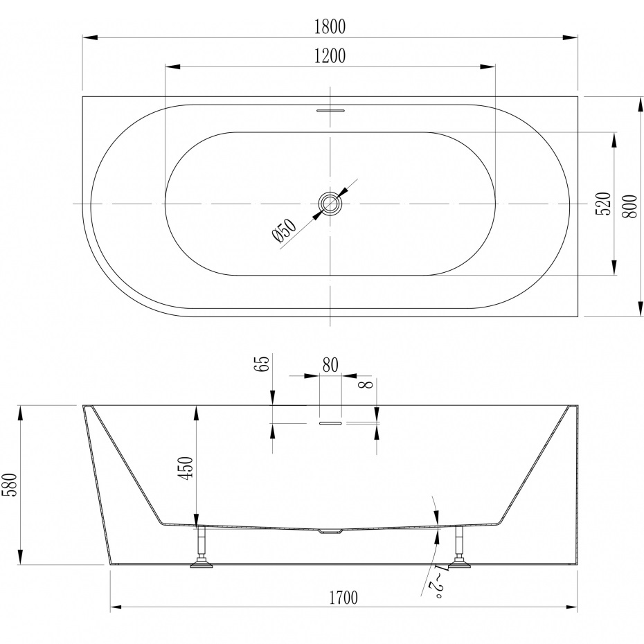 Ванна акриловая, пристенная Abber AB9502-1.8 R 180x80x58 (белый), правая, слив-перелив