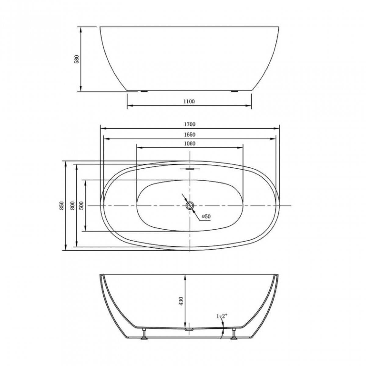 Ванна акриловая отдельностоящая Vincea VBT-404-1700 170x85 (белый ), слив-перелив в комплекте