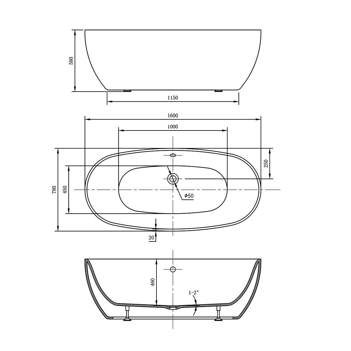 Ванна акриловая отдельностоящая Vincea VBT-405-1600 160х78 (белый ), щелевой перелив в комплекте