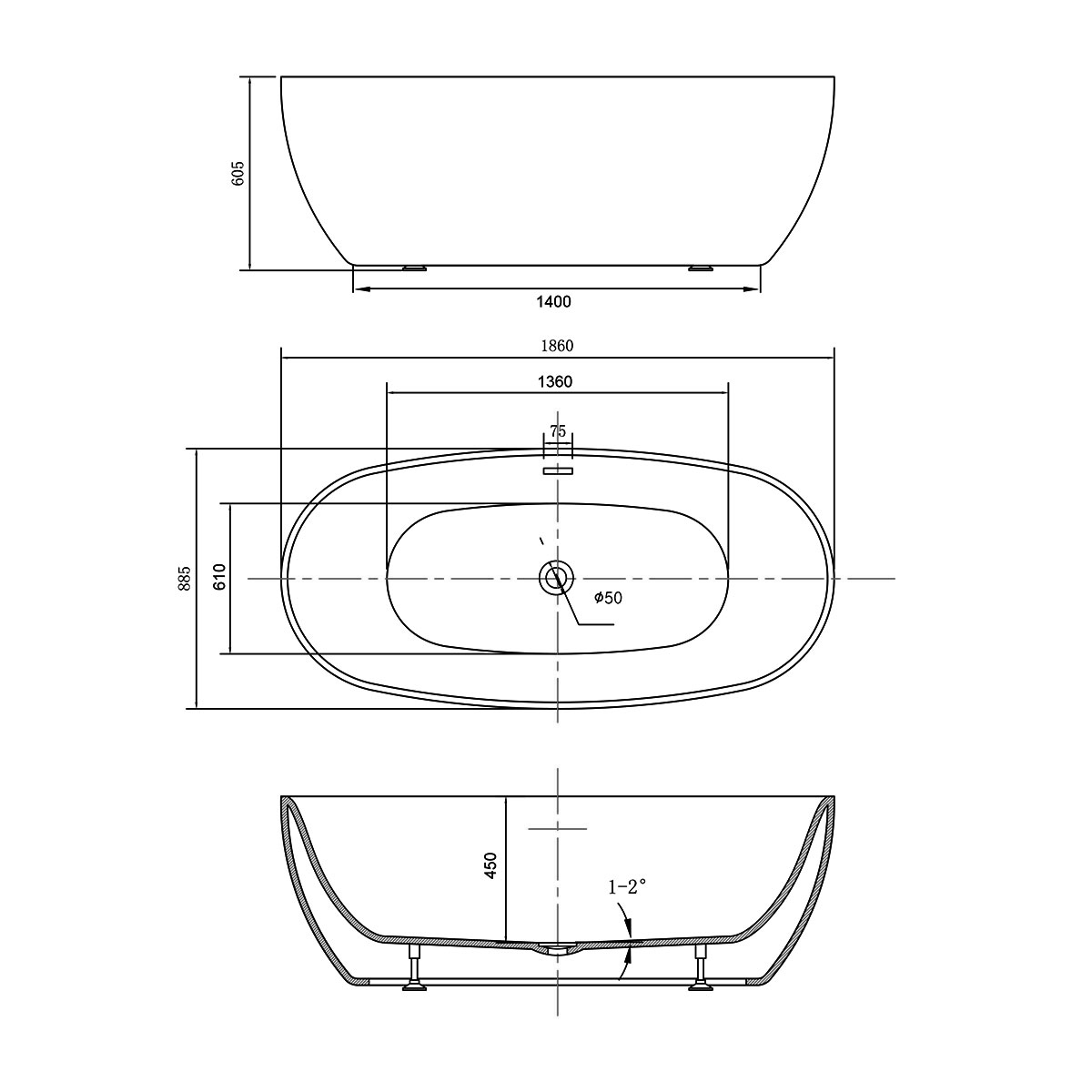 Ванна акриловая отдельностоящая Vincea VBT-405-1860 186х88.5 (белый ), щелевой перелив в комплекте