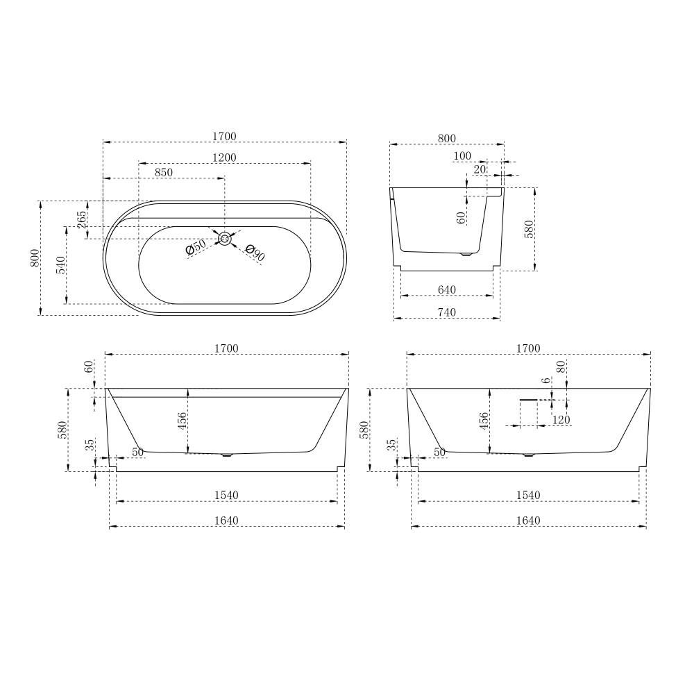 Ванна акриловая отдельностоящая ABBER AB9444MW 170x80x58 (белый матовый), слив-перелив