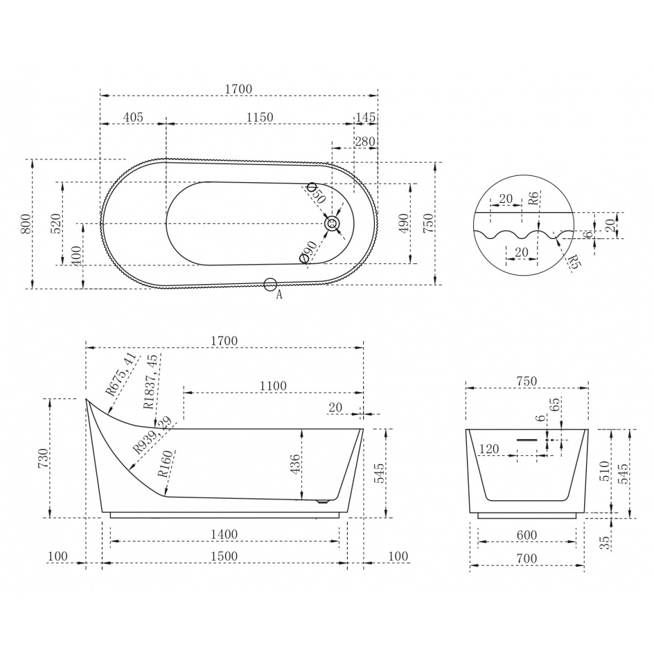 Ванна акриловая отдельностоящая ABBER  AB9445MW 170x80x73 (белый матовый), слив-перелив