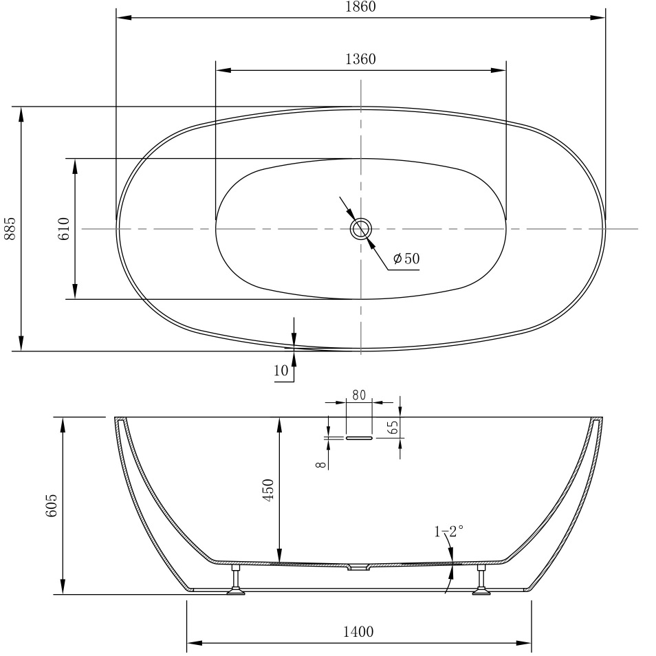 Ванна акриловая отдельностоящая Abber AB9504 186x88.5x60.5 (белый), слив-перелив