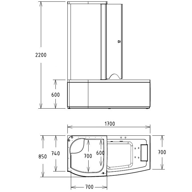 Ванна гидромассажная пристенная Gemy G8040 B L 170х85х220 (белый), слив-перелив, левосторонняя