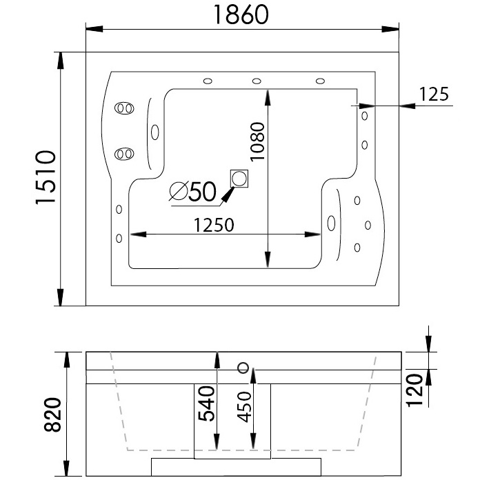 Ванна гидромассажная пристенная Gemy G9052 II B L 186х151х82 (белый), слив-перелив, левосторонняя