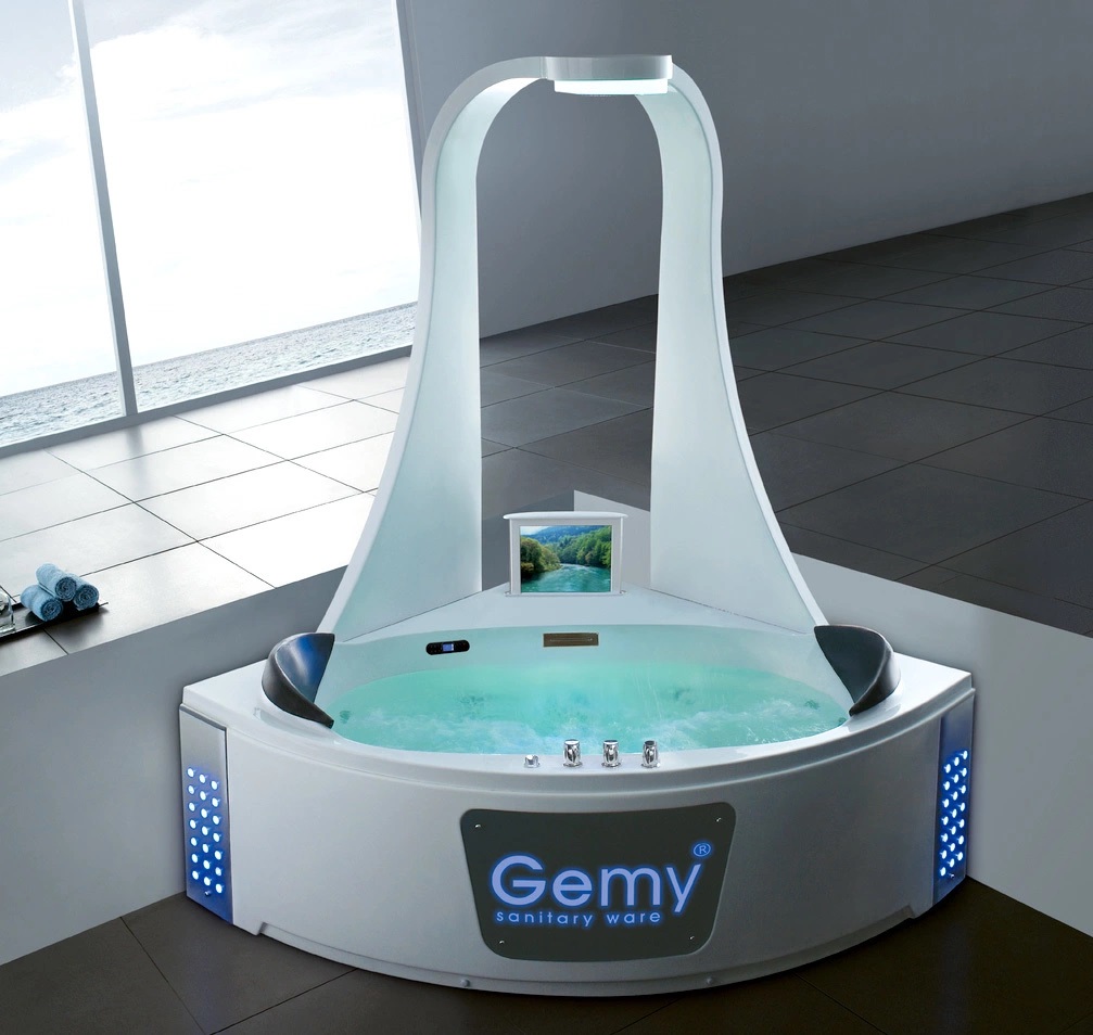 Ванна гидромассажная пристенная угловая Gemy G9069 O 151х151х220 (белый), слив-перелив