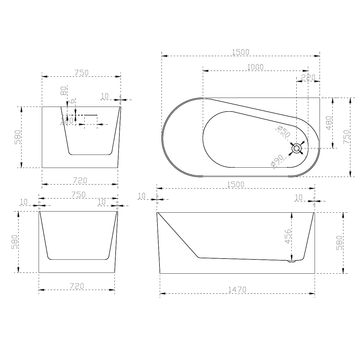 Ванна акриловая, пристенная ABBER AB9496-1.5 R 150x75x58 (белый), правая, слив-перелив