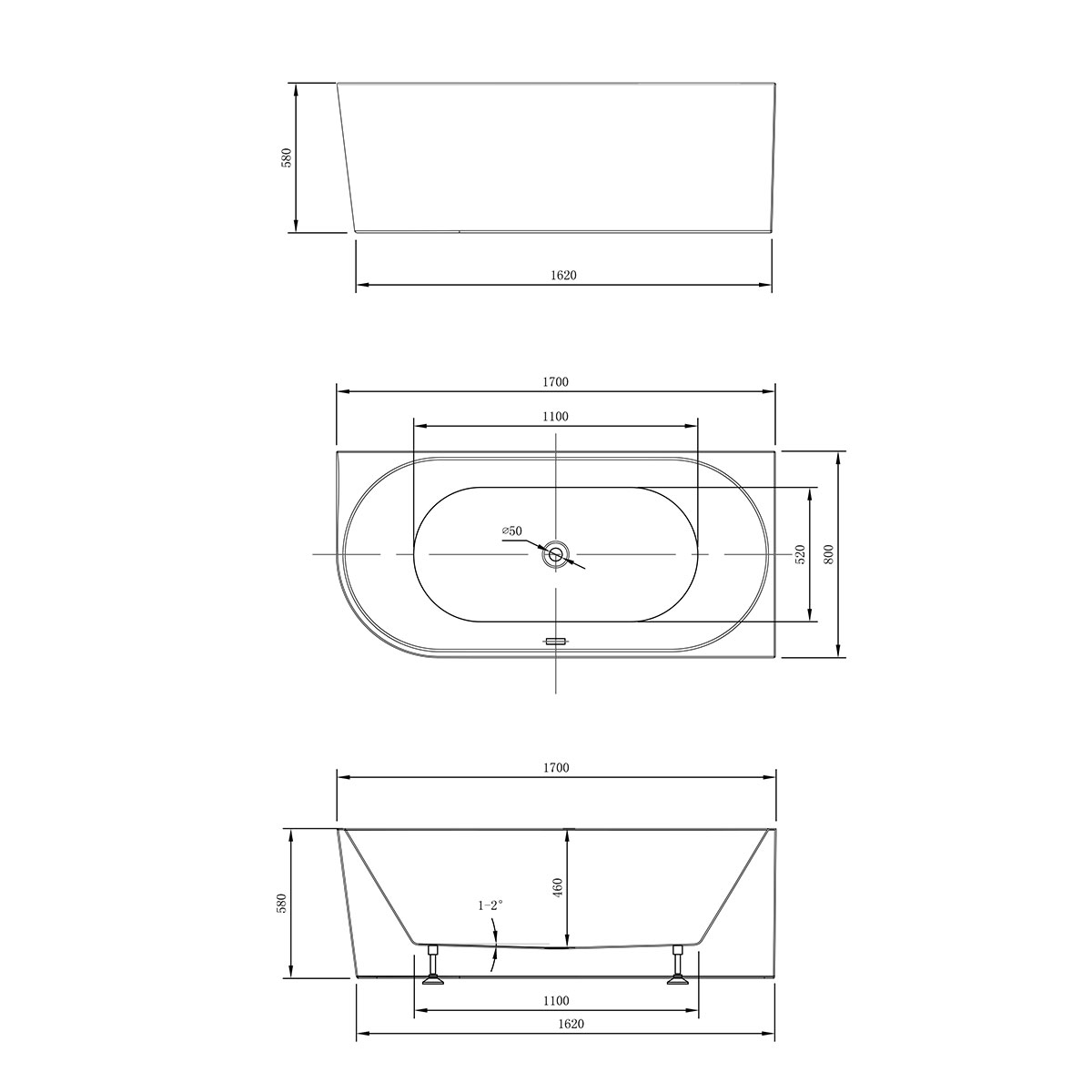 Ванна акриловая угловая Vincea VBT-402-1700R 170x80 (белый ), слив-перелив в комплекте, правая