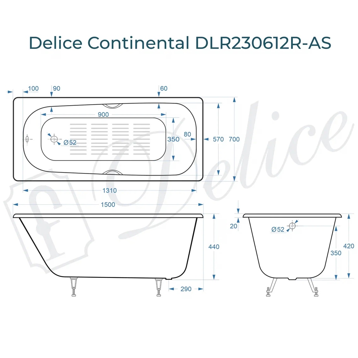 Ванна чугунная Delice Continental DLR230612R-AS 150х70 (белый), встраиваемая с антискользящим покрытием и отверстиями под ручки