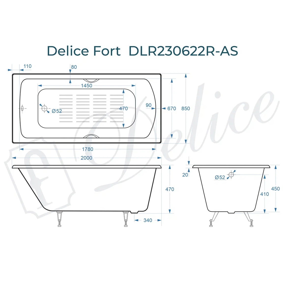 Ванна чугунная Delice Fort DLR230622R-AS 200х85 (белый), встраиваемая с антискользящим покрытием и отверстиями под ручки