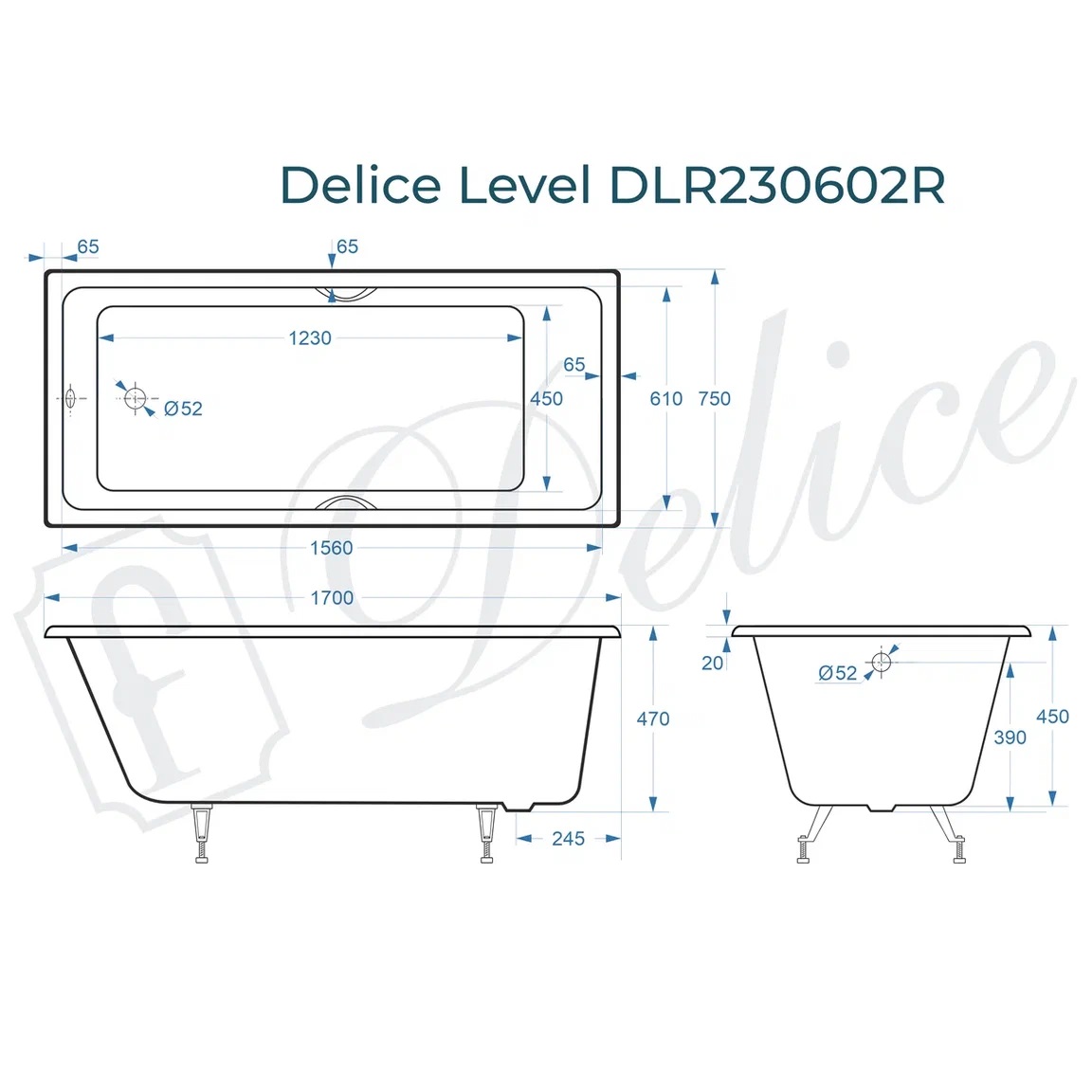 Ванна чугунная Delice Level DLR230602R 170х75 (белый), встраиваемая с отверстиями под ручки