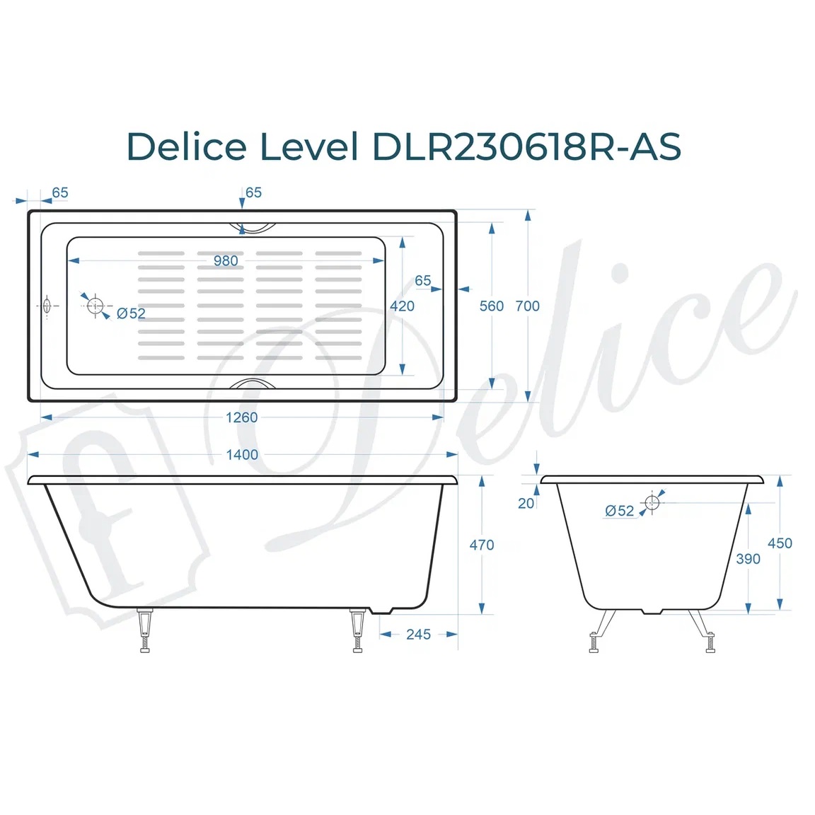 Ванна чугунная Delice Level DLR230618R-AS 140х70 (белый), встраиваемая с антискользящим покрытием и отверстиями под ручки
