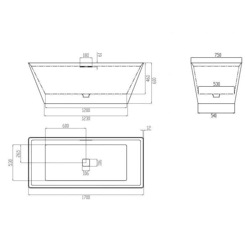 Ванна отдельностоящая из искусственного камня Abber Berlin AM9912G 170x75x60 (серый матовый), слив-перелив
