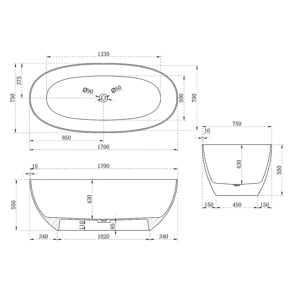 Ванна отдельностоящая прозрачная Vincea Solid Surface VBT-6T01B 170x75 (чёрный) , слив-перелив в комплекте