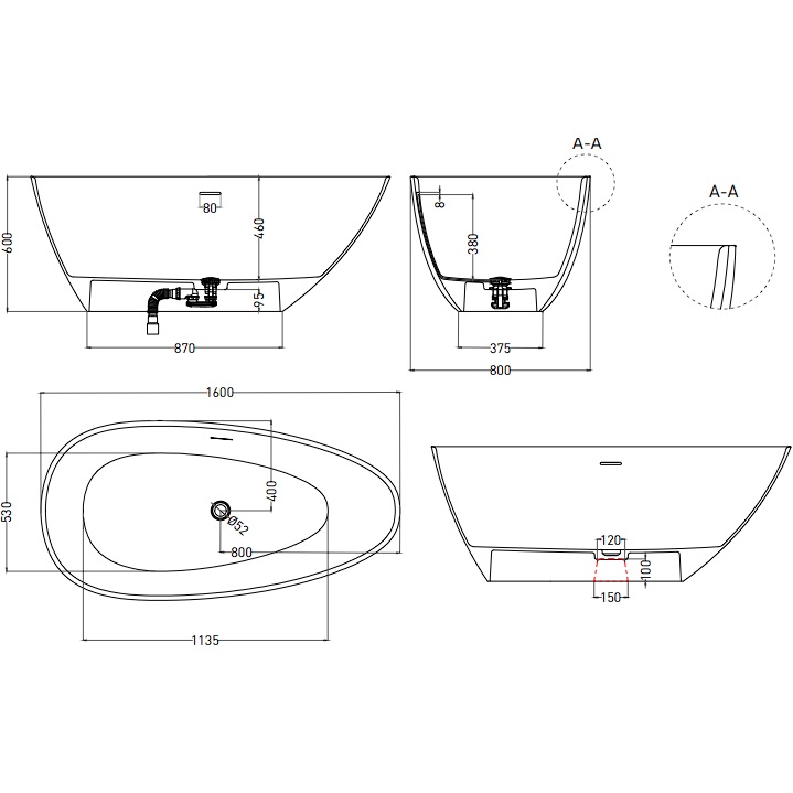 Ванна отдельностоящая Salini S-Sense Paola 1015103G 160x80x60 (белый глянцевый), донный клапан, сифон, слив-перелив