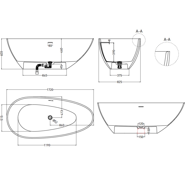 Ванна отдельностоящая Salini S-Sense Paola 1015104G 172x82.5x60 (белый глянцевый), донный клапан, сифон, слив-перелив