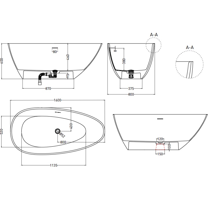 Ванна отдельностоящая Salini S-Stone Paola 1015203M 160x80x60 (белый матовый), донный клапан, сифон, слив-перелив