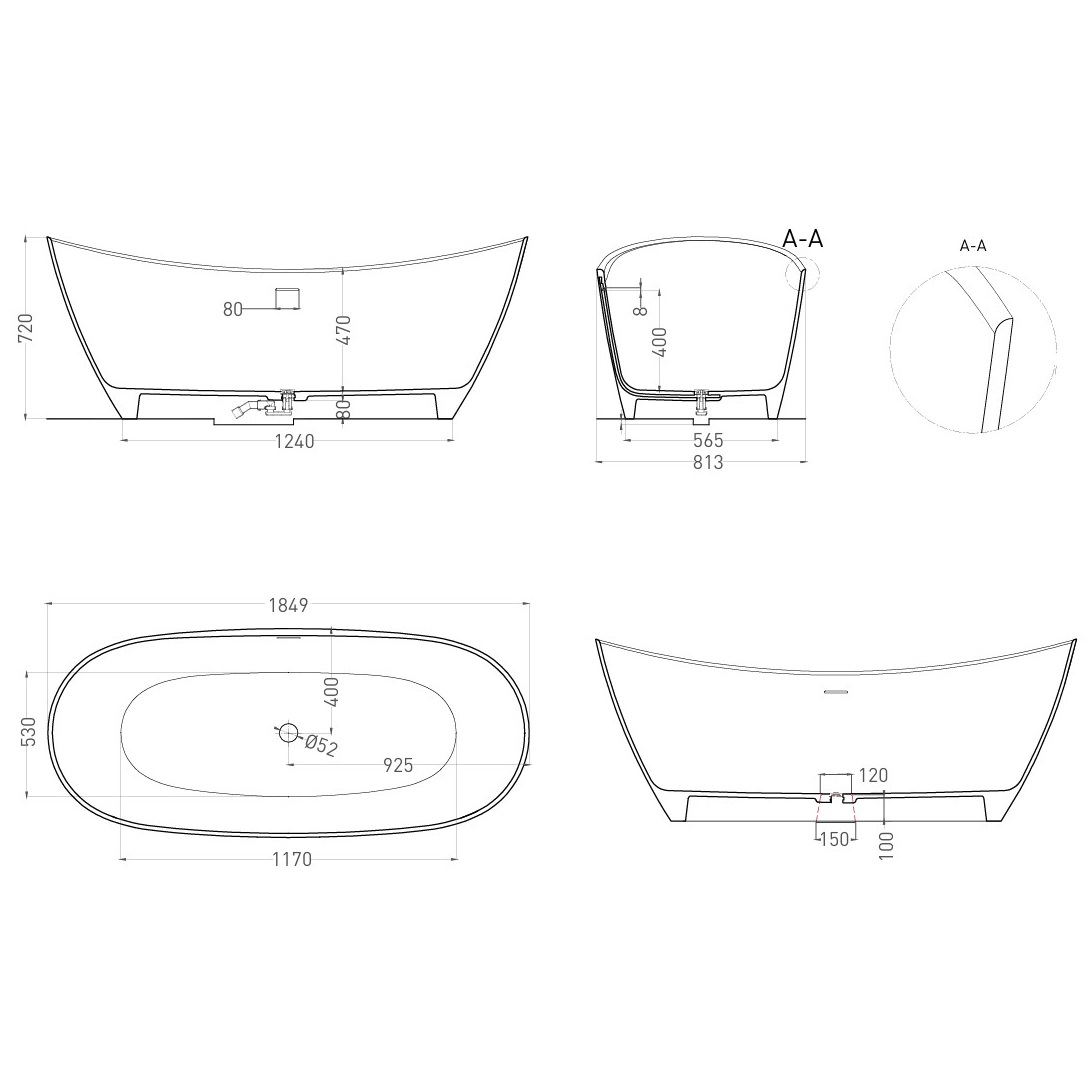Ванна отдельностоящая Salini S-Stone Noemi 101811SM 185х81х71.5 (белый матовый), донный клапан, накладка, сифон, слив-перелив