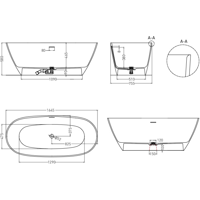 Ванна отдельностоящая Salini Sofia S-Sense 102511G 164.5x75.5x58 (белый глянцевый), донный клапан, сифон, слив-перелив