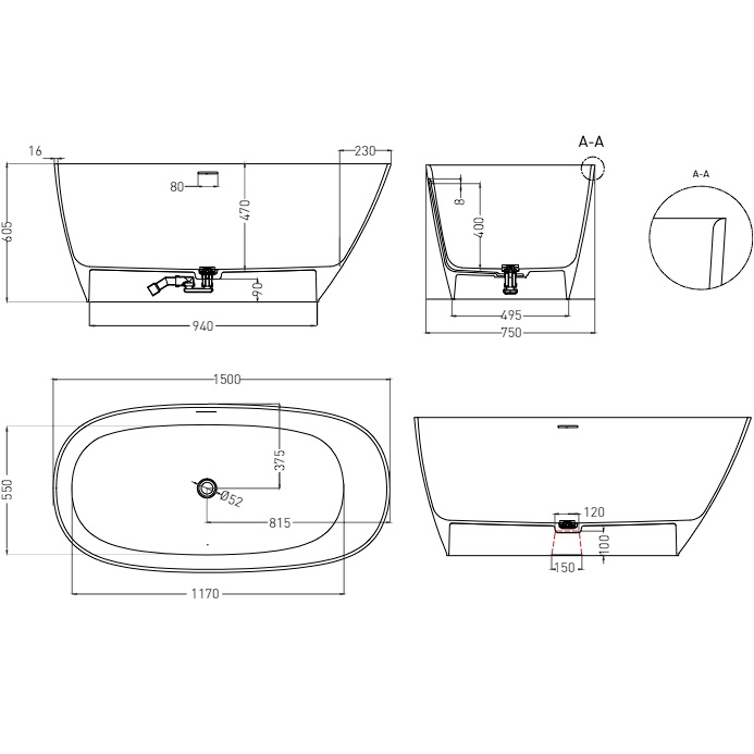 Ванна отдельностоящая Salini Sofia S-Sense 102518GF 150x75x60.5 (покраска RAL полностью, глянцевый), донный клапан, сифон, слив-перелив