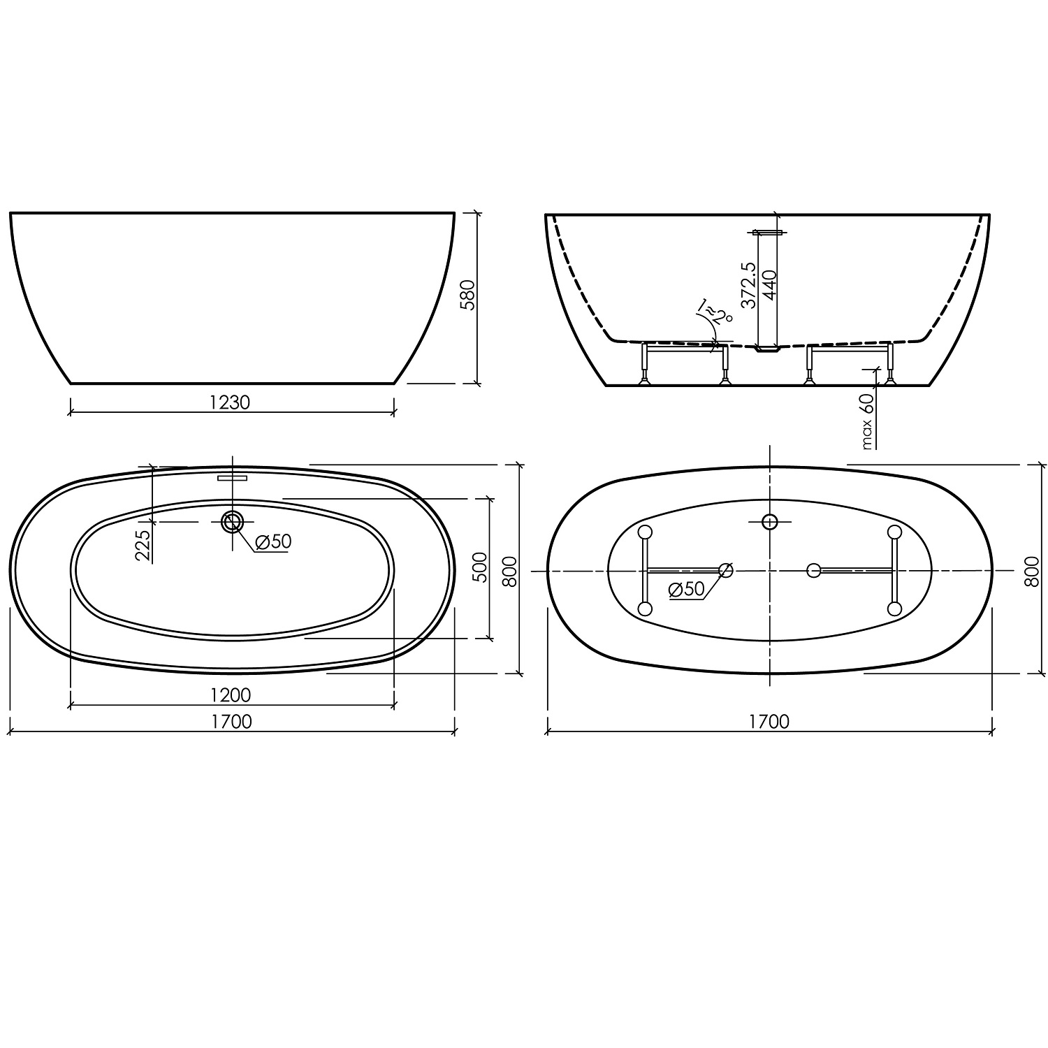 Ванна отдельностоящая Sancos Овал (Oval) FB21 170x80x58 (белый глянцевый), со сливом-переливом