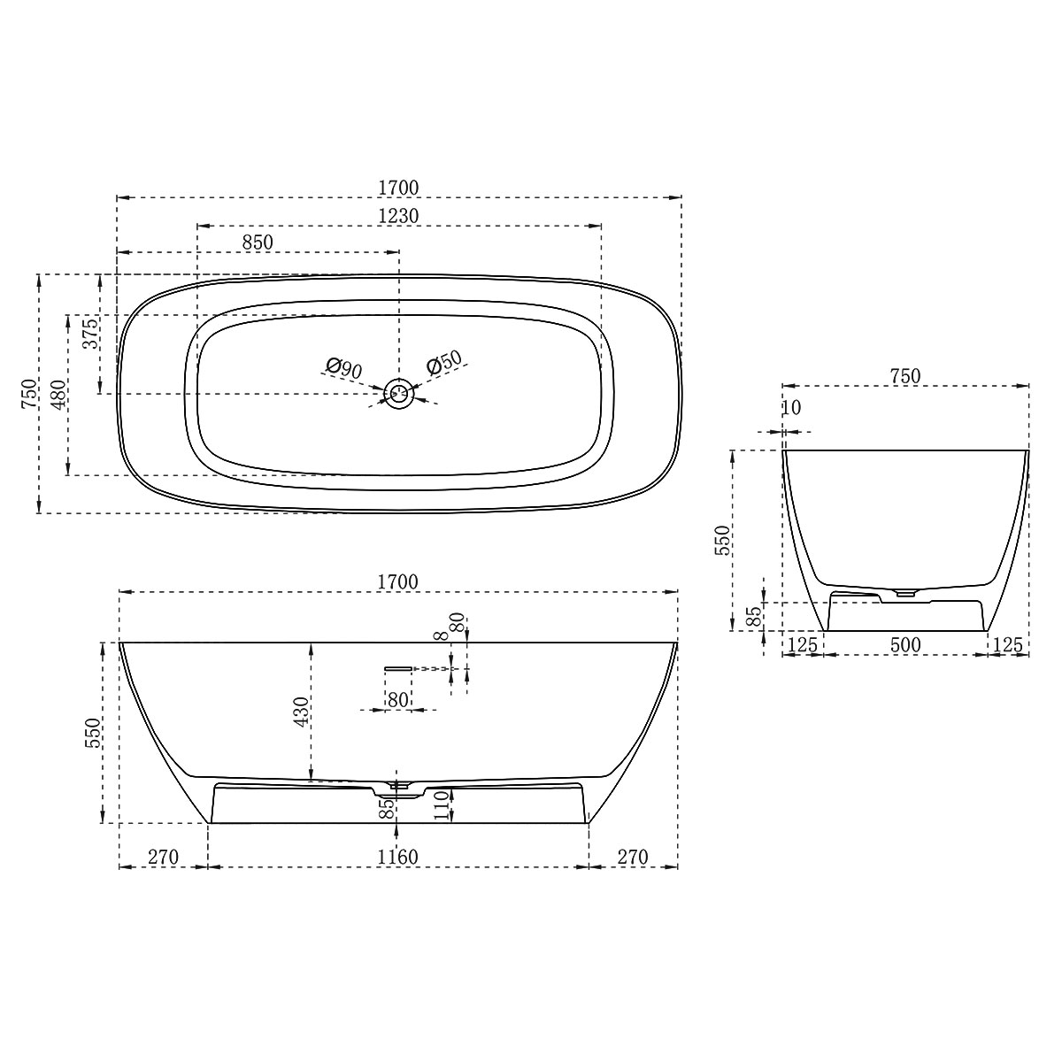Ванна отдельностоящая Vincea Solid Surface VBT-6S02MW 170x72 (белый матовый) , слив-перелив в комплекте
