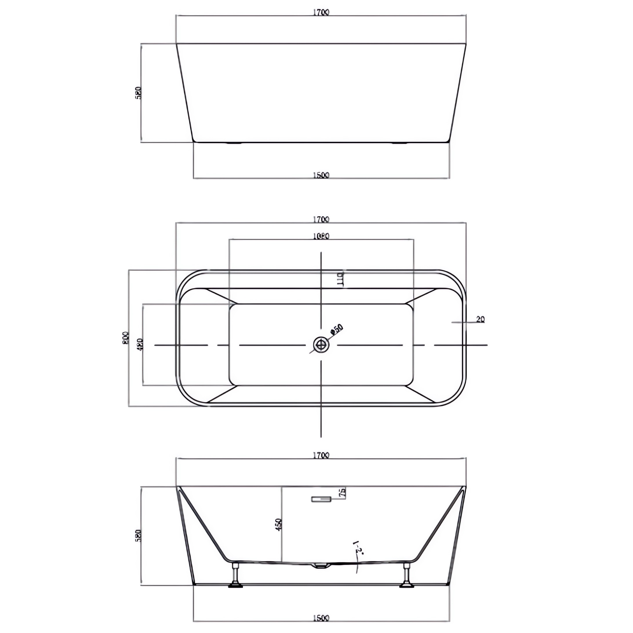 Ванна отдельностоящая Vincea VBT-401-1700 170x80 (белый ), слив-перелив в комплекте