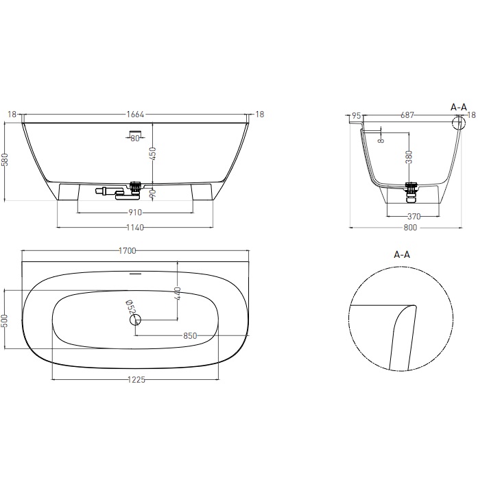 Ванна пристенная Salini S-Sense Sofia Wall 102512G 170x80x58 (белый глянцевый), донный клапан, сифон, слив-перелив