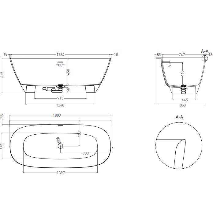 Ванна пристенная Salini S-Sense Sofia Wall 102513G 180x85x61.5 (белый глянцевый), донный клапан, сифон, слив-перелив