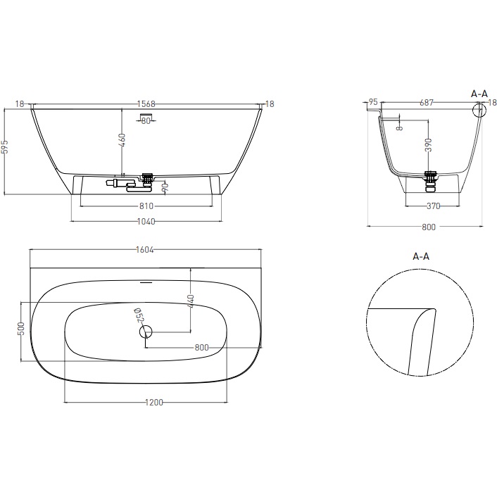 Ванна пристенная Salini S-Sense Sofia Wall 102517G 160x80x59 (белый глянцевый), донный клапан, сифон, слив-перелив