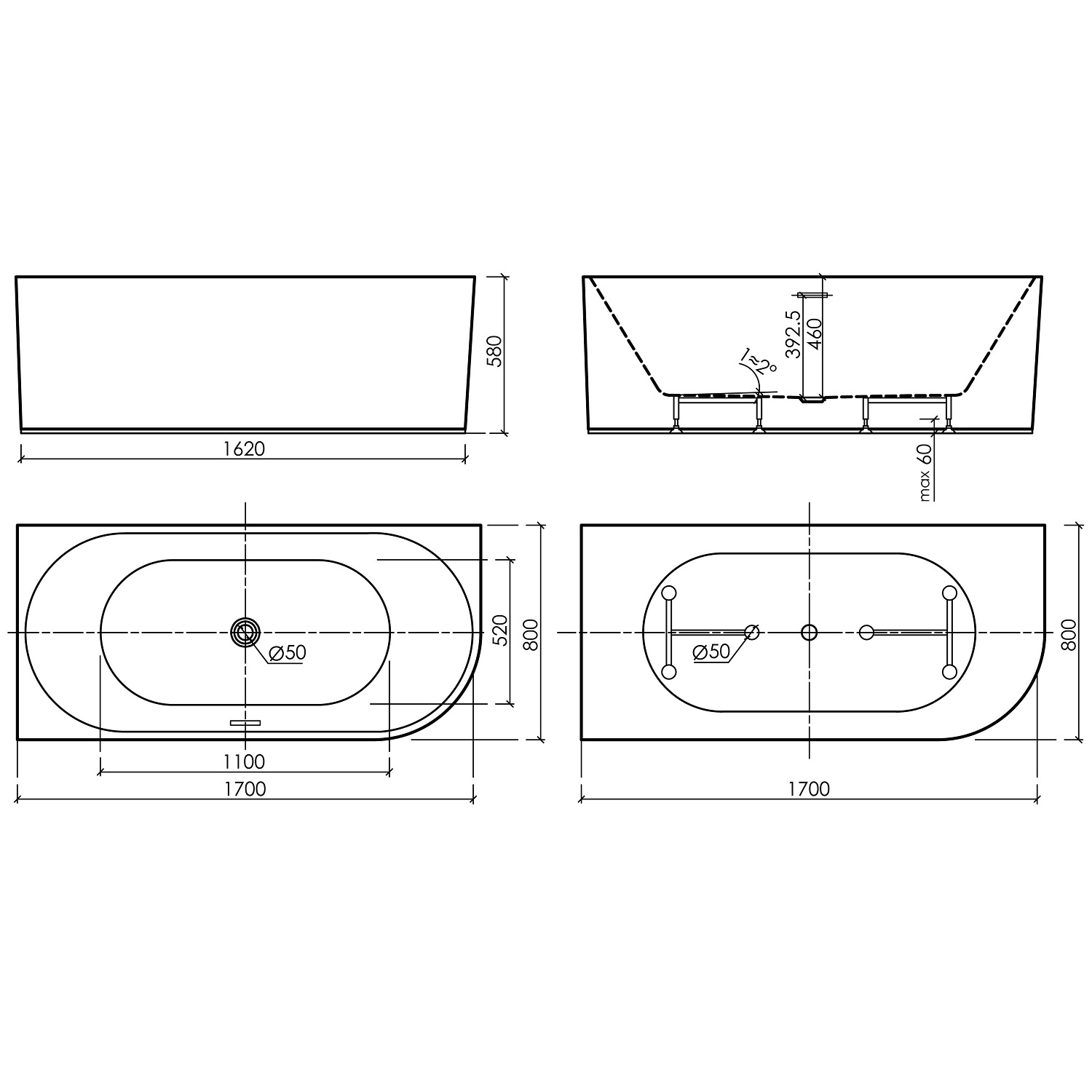 Ванна пристенная Sancos Грань (Edge) FB23L 170x80x58 (белый глянцевый), со сливом-переливом, левая