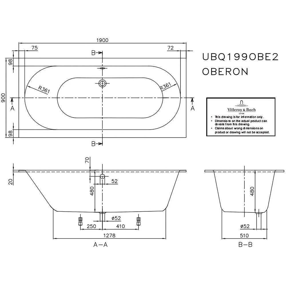 Ванна пристенная Villeroy & Boch Oberon UBQ199OBE2V-01 190х90 (белый)